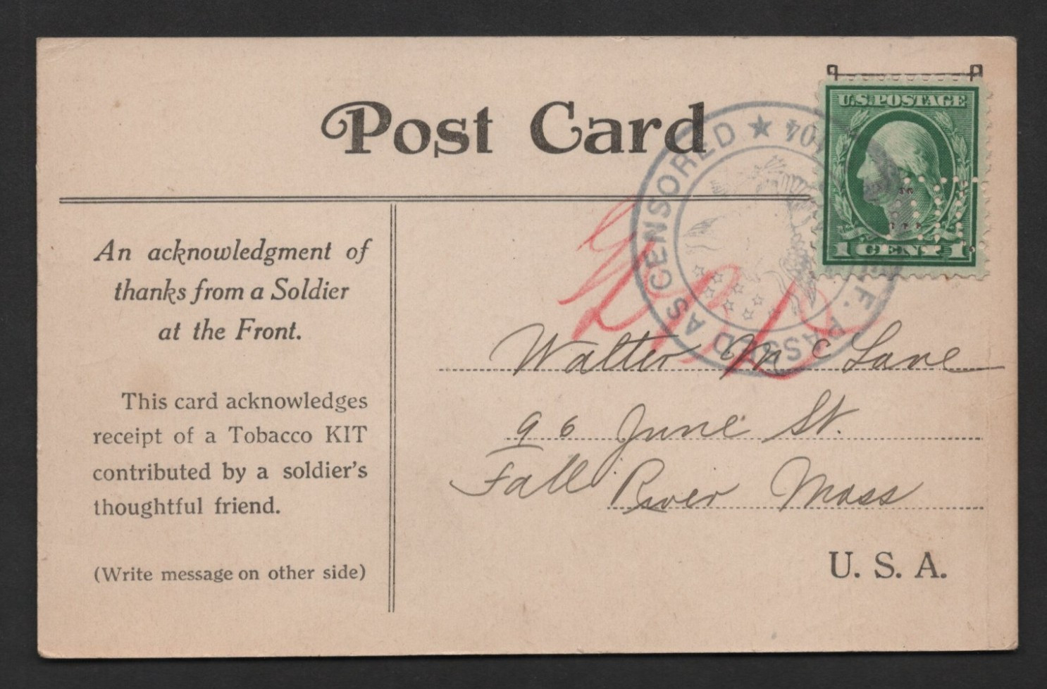 US 1918 WWI TOBACCO KIT ACKNOWLEDGEMENT TO FALL RIVER MA POSTAL CARD