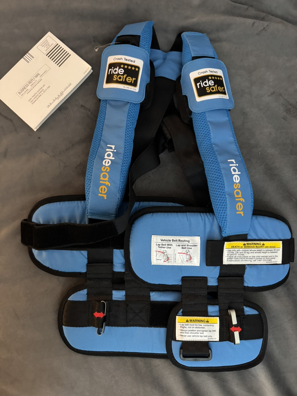 XL RideSafer Travel Vest Portable Car Seat Extra Large Black / Blue Lightweight