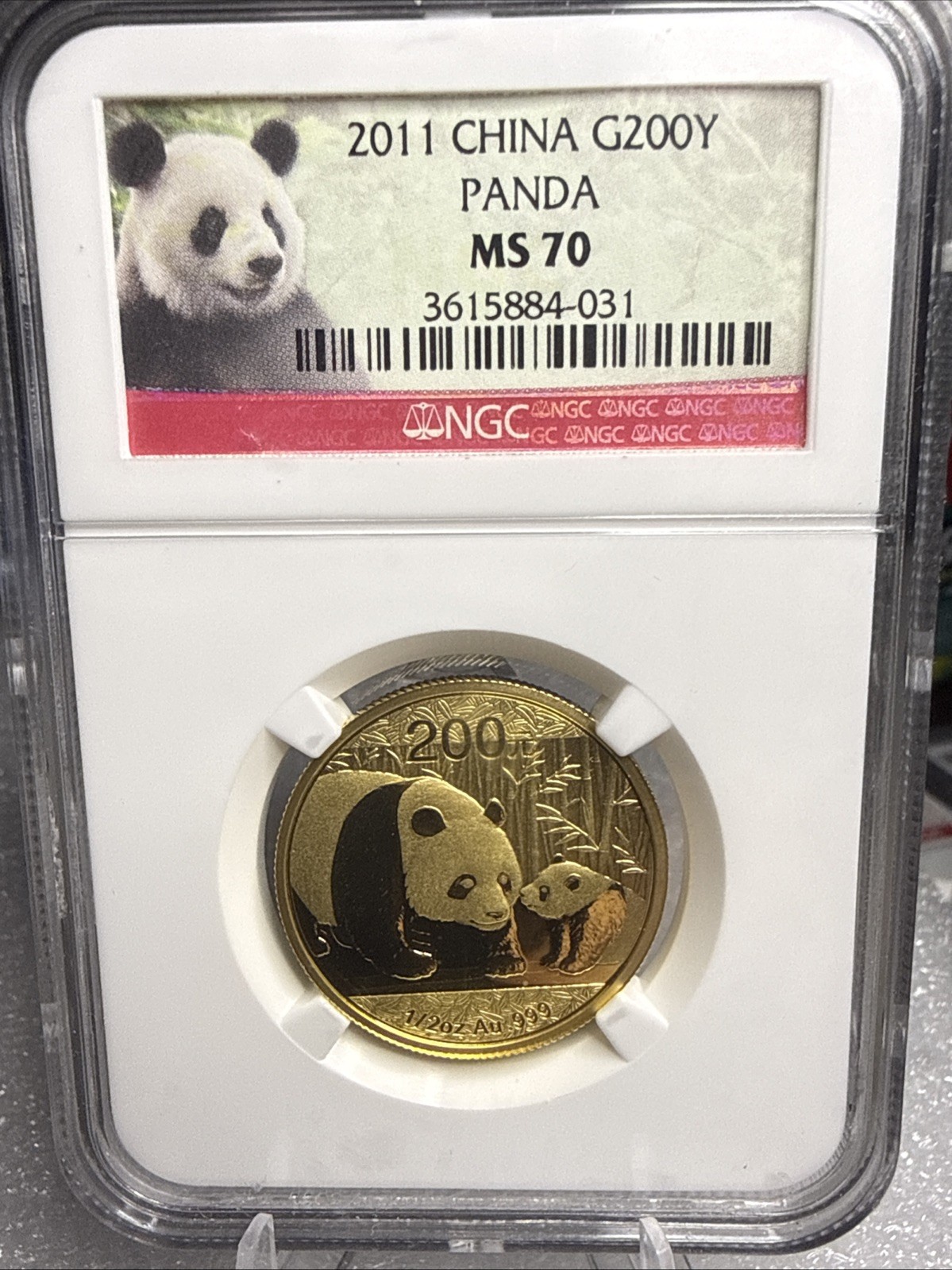 China 2011 200 Yuan 1/2 Troy Oz 999 Gold Panda Coin NGC MS70 Perfect Grade