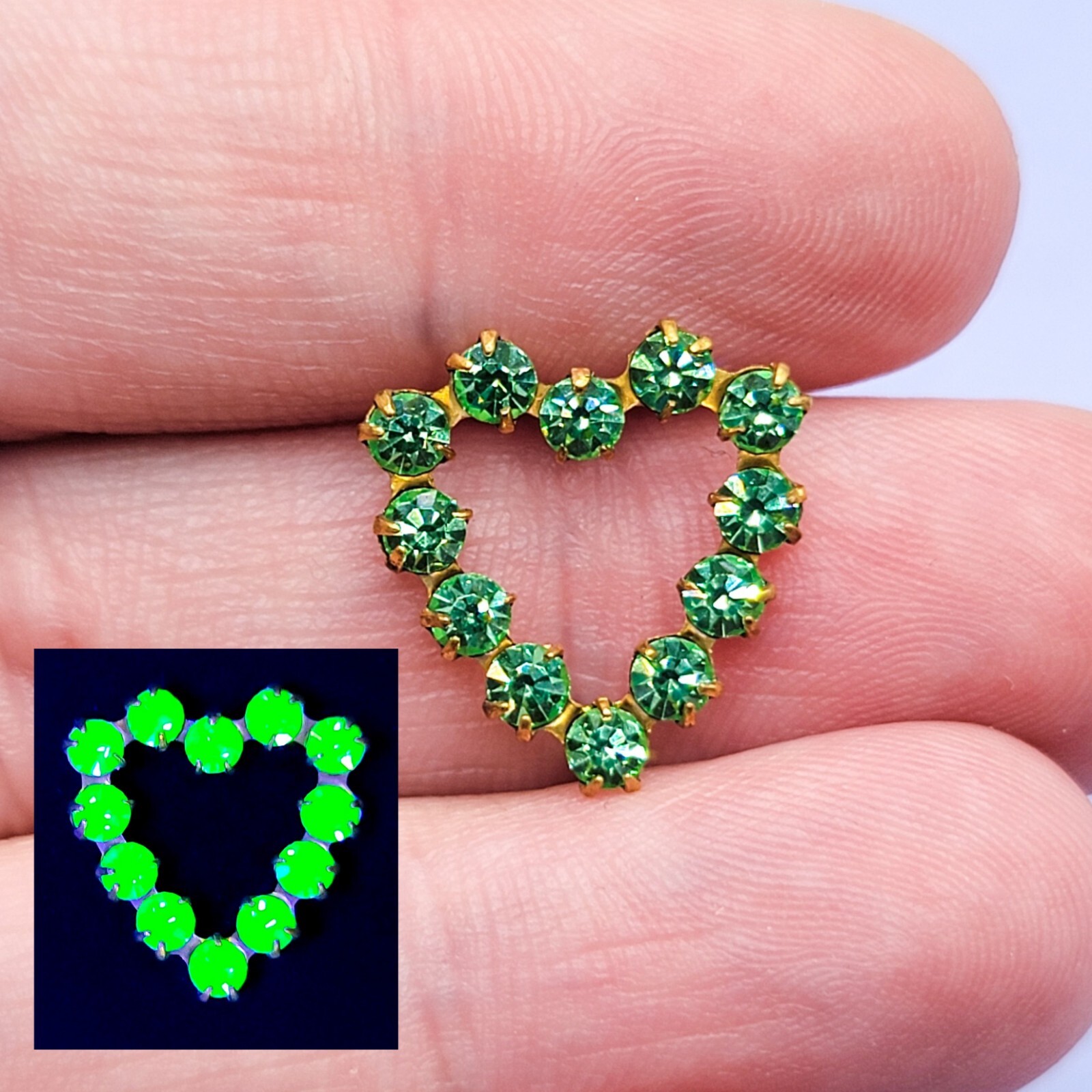 Vintage Jeweled Uranium Glass Heart Components Green 1970s
