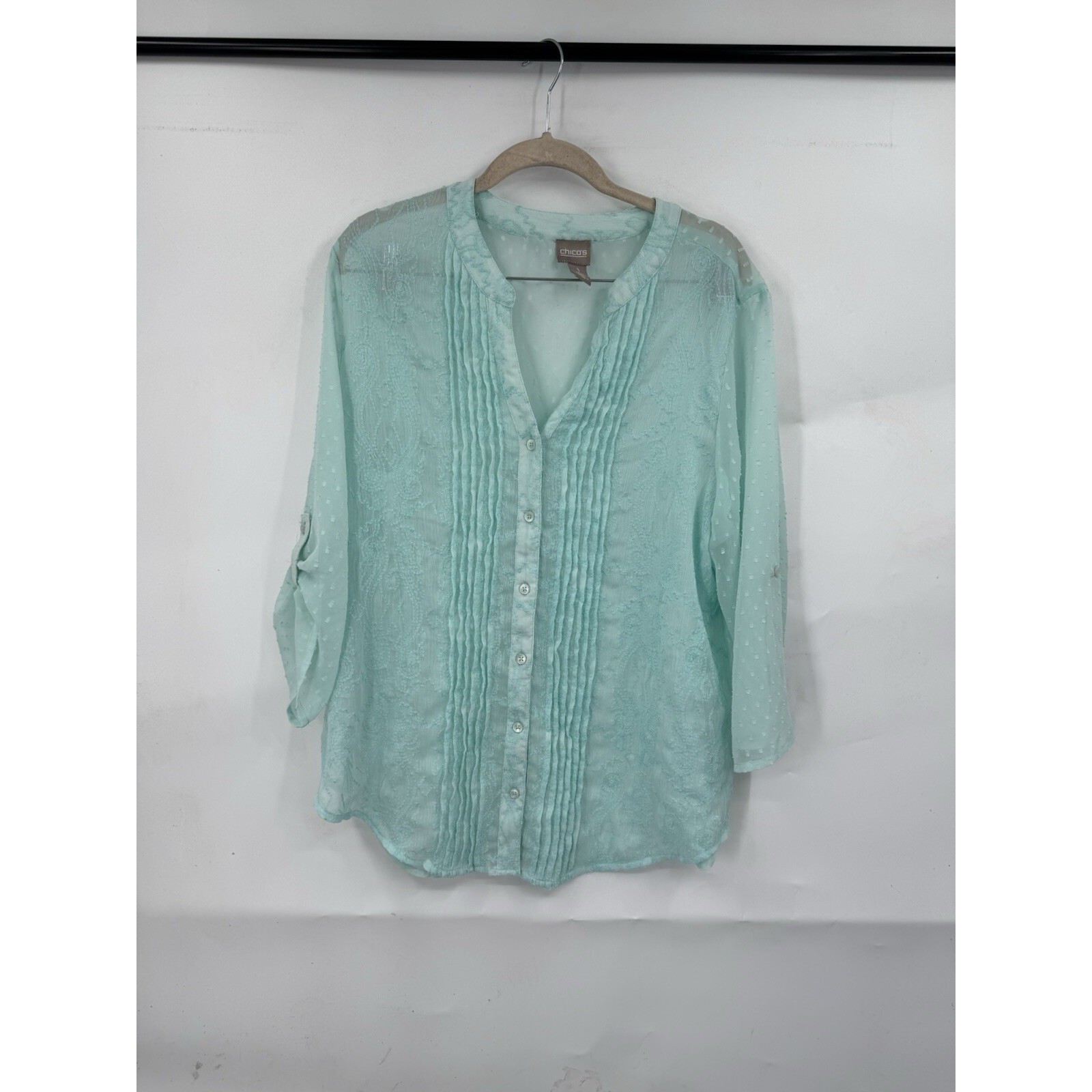 Chico\'s Kandyce Sheer Embroidered Blouse Medium Pintuck Boho Fairy Cottagecore