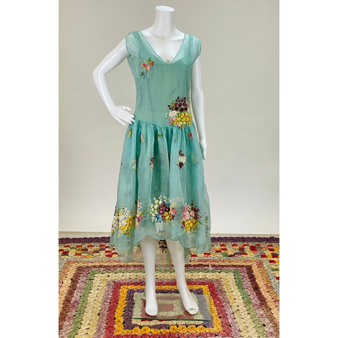 1920s Martha Weathered Teal Blue Green Floral Dress Hand Embroidered Silk Slip 1920s Martha Weathered Teal Blue Green Floral Dress Hand Embroidered Silk Slip