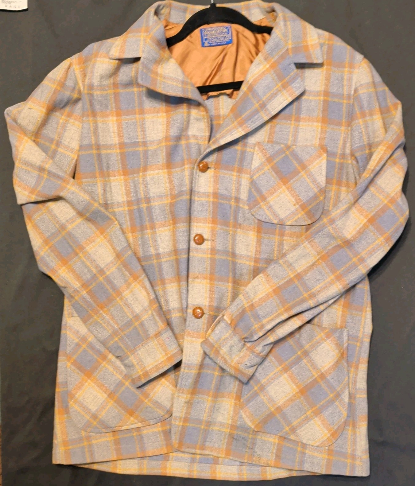 VTG 60s Pendleton Wool Plaid Blazer Jacket Shacket Mens L Grey Ochre Blue USA