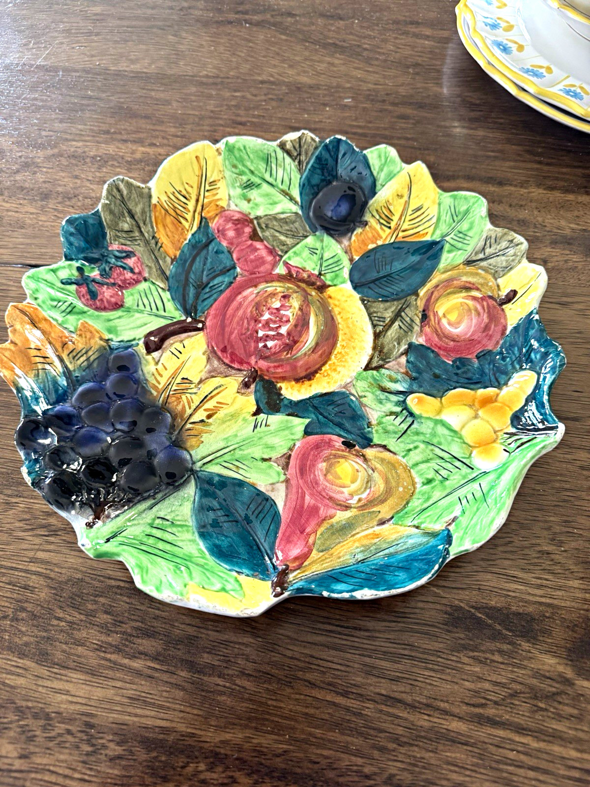 Vintage Italian Majolica Fruit Platter Hand Painted Raised Grapes Pears Italy