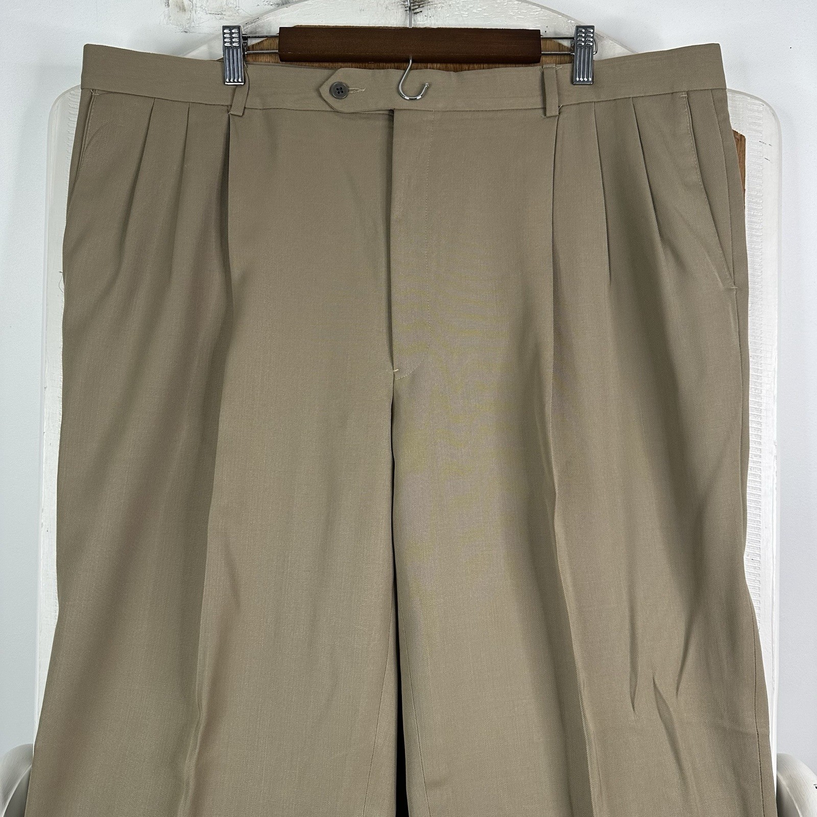 VTG Givenchy Pants Mens 44x30 Tan Khaki Triple Pleated Dress Slacks Wool Retro