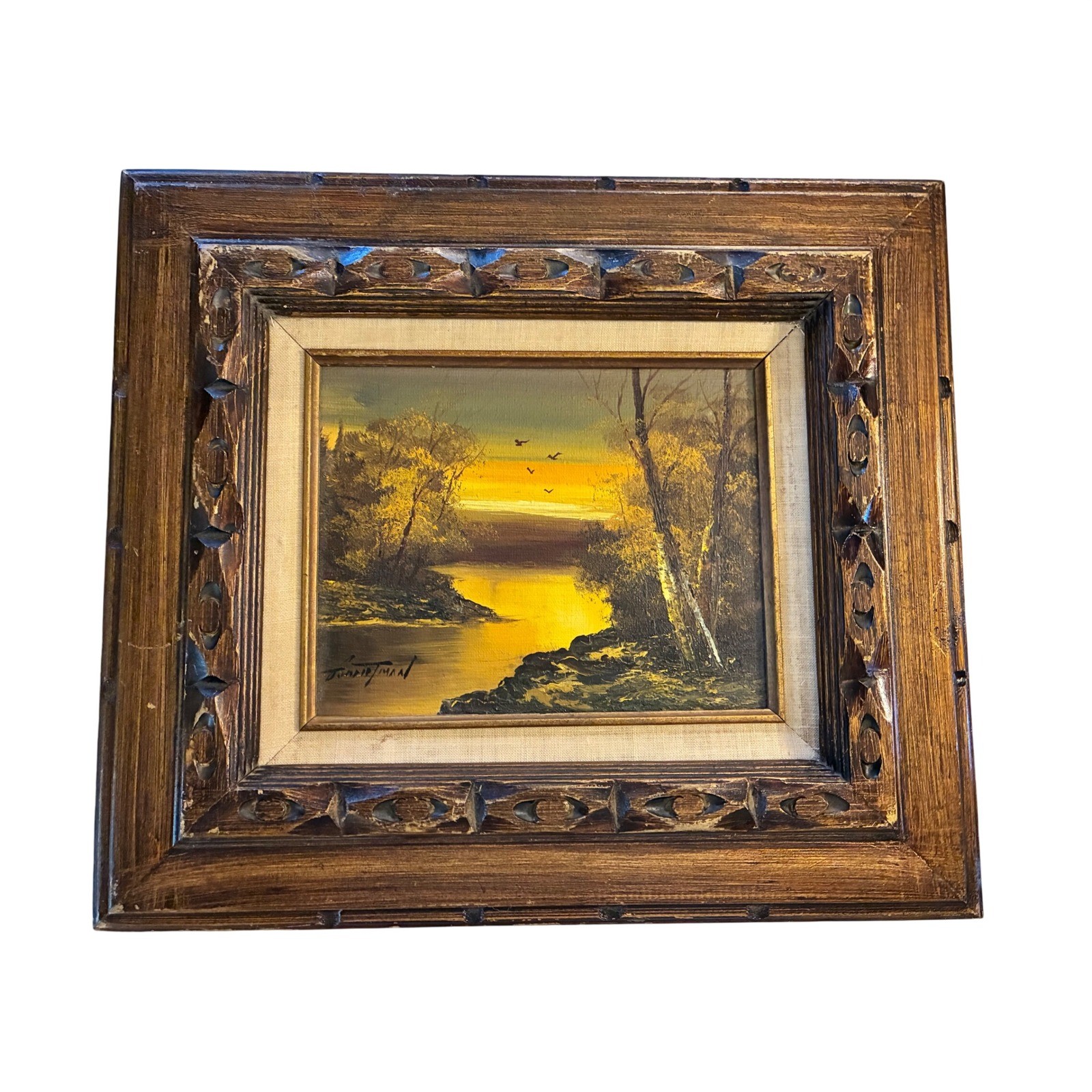 VTG Signed Original Oil Painting River Sunset Ornate Wood Frame MCM 15.5x17.5x3\ VTG Signed Original Oil Painting River Sunset Ornate Wood Frame MCM 15.5x17.5x3\