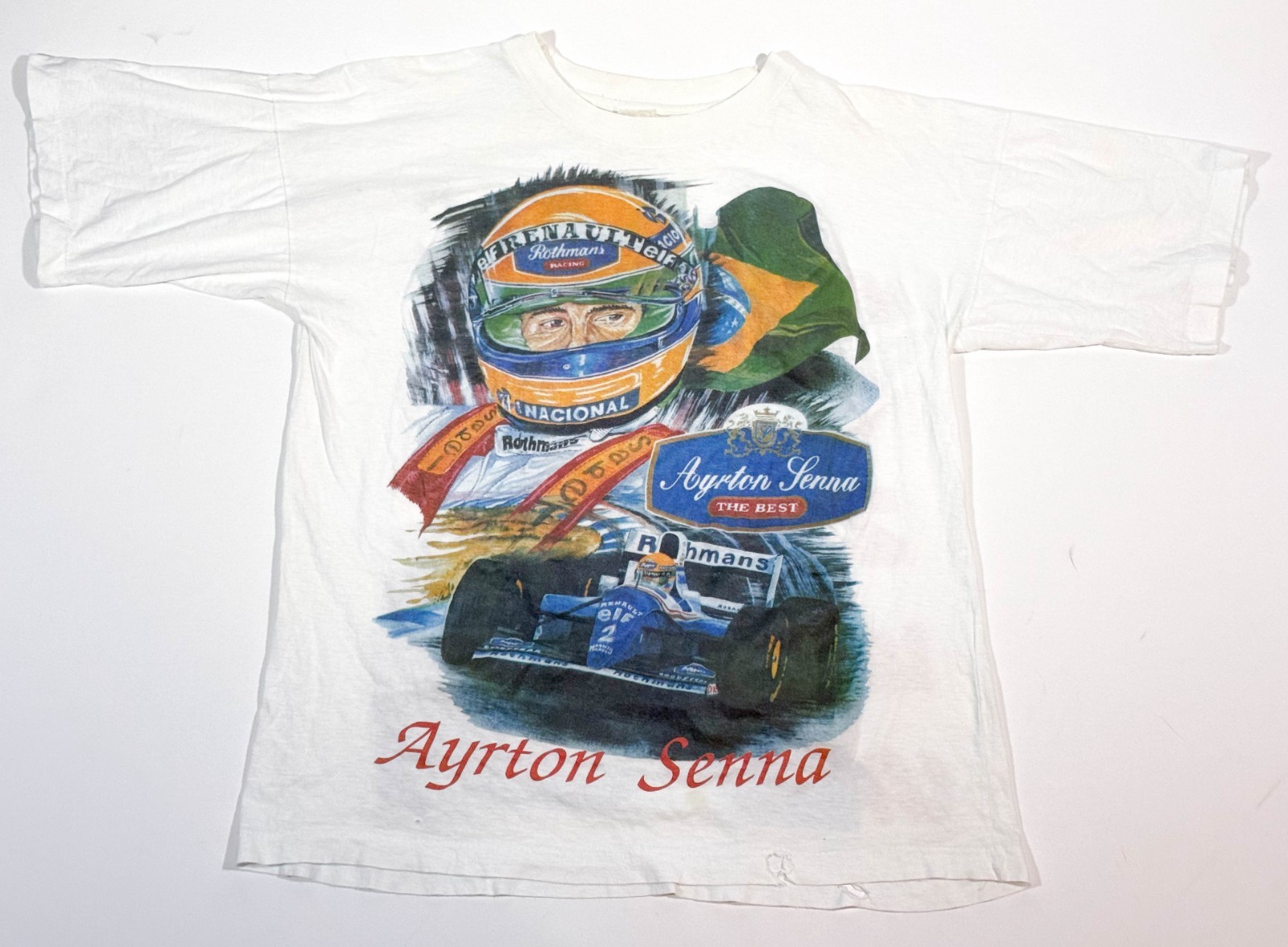 True VTG Ayrton Senna 80s Single Stitch Rap Tee Shirt Formula 1 Grail Thrashed