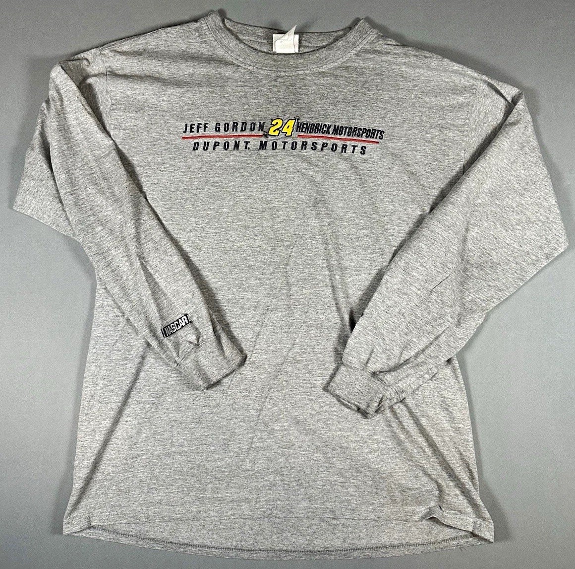 Vintage Jeff Gordon 24 Hendrick Dupont NASCAR Long Sleeve L Gray Tee Hole
