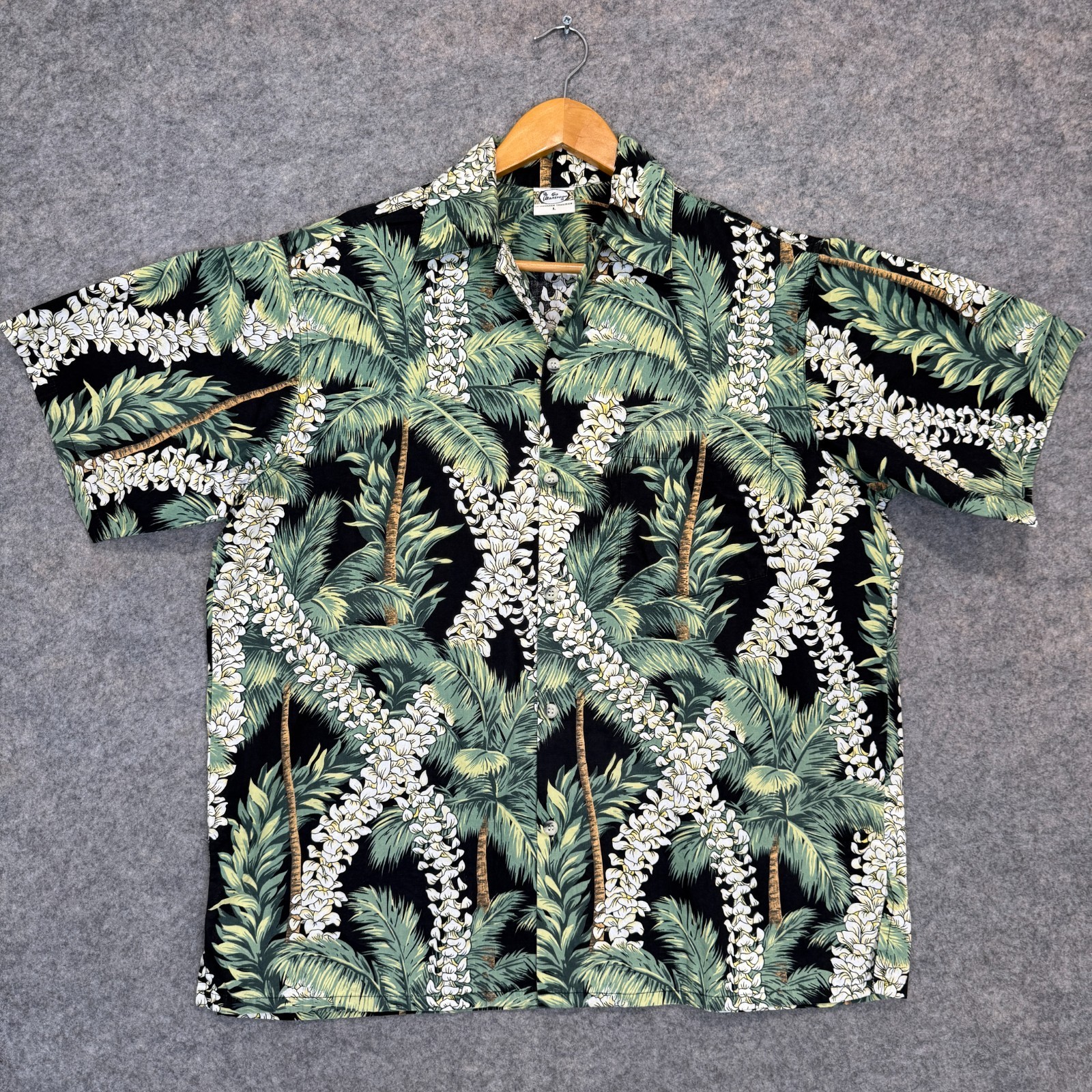Vintage Go Barefoot Hawaiian Aloha Shirt Mens Large Palm Trees Flowers Camp USA