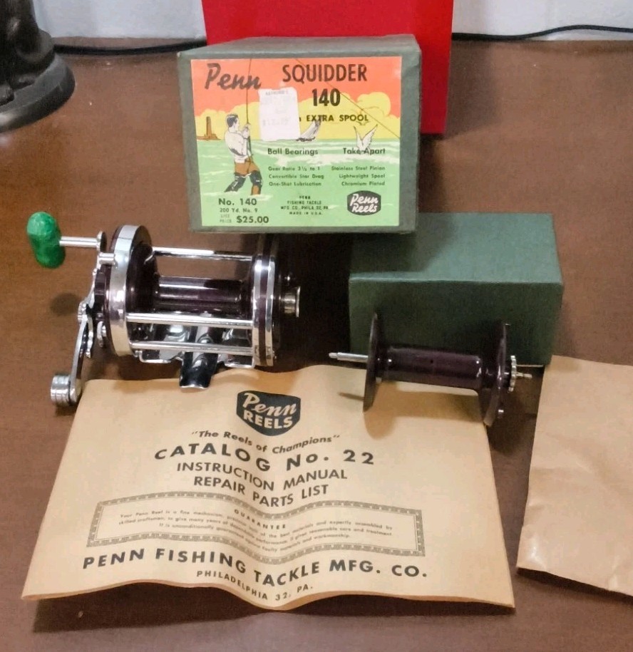 New Penn Squidder 140 Vintage Casting Reel w/ Box, Extra Spool, Tool, Manual New Penn Squidder 140 Vintage Casting Reel w/ Box, Extra Spool, Tool, Manual