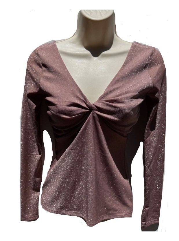 H&M Long Sleeve Shirt Top Pleated Front Blouse V Neck Pullover Sparkle Cherry