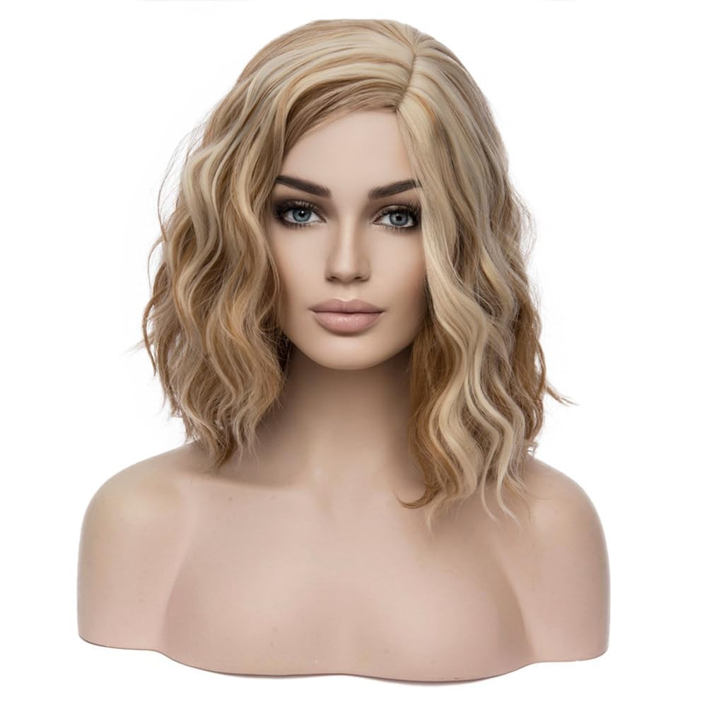 Blonde Brown 14\'\' Wigs for Women Girls Short Curly Wavy Wig 35 Cm Side Part Shou