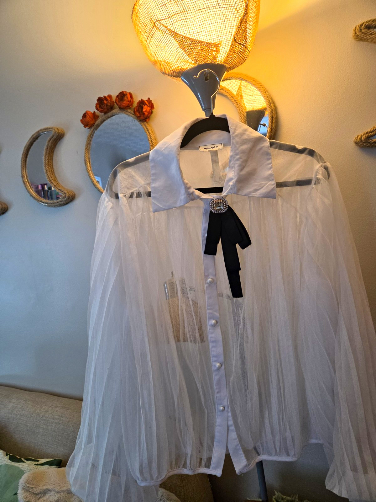WoWo 2X Plus Sheer White Tulle Button-Front Collared Blouse Black Bow