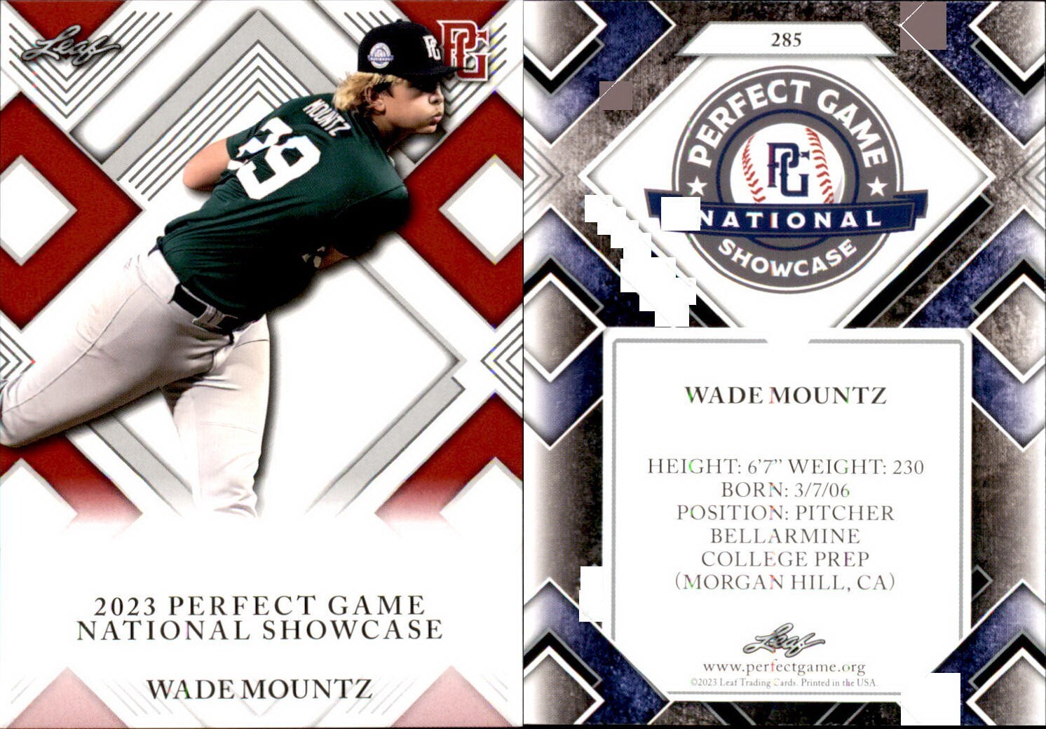 WADE MOUNTZ Rookie 2023 Leaf Perfect Game National Showcase #285 RED WADE MOUNTZ Rookie 2023 Leaf Perfect Game National Showcase #285 RED
