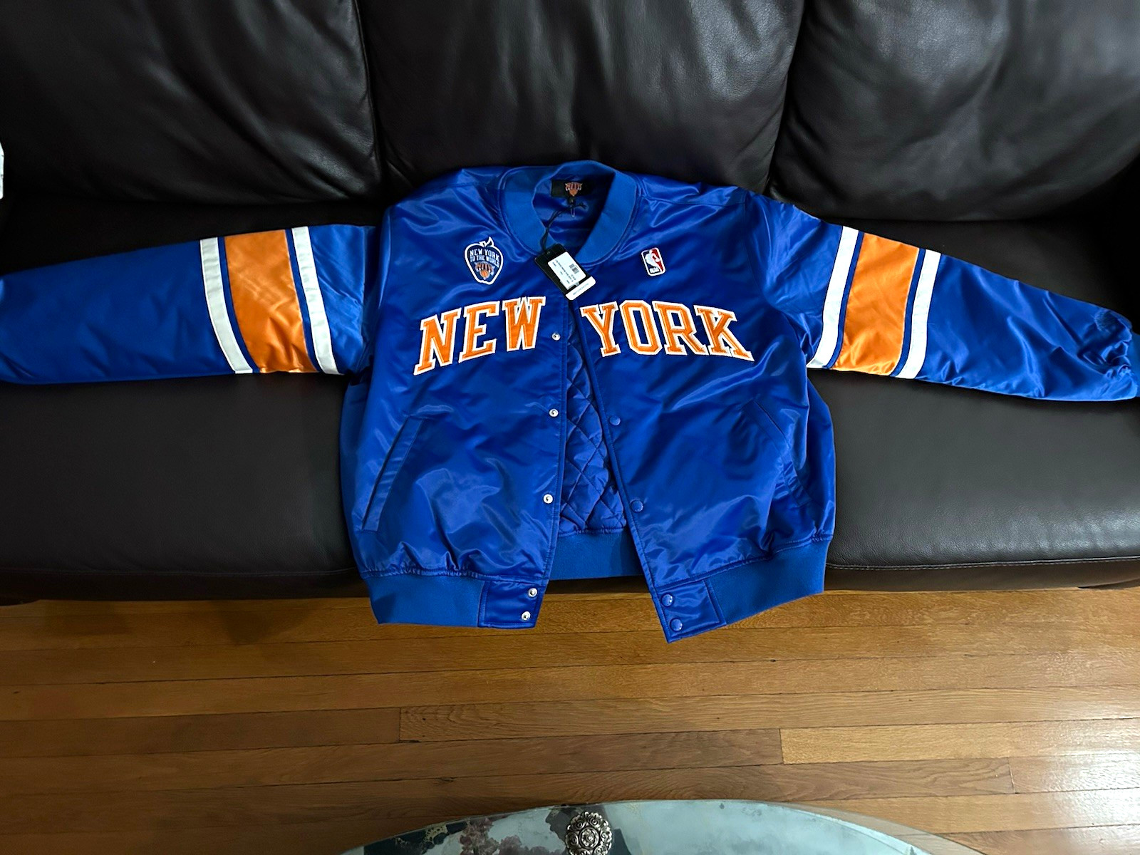 KITH New York Knicks Patrick Ewing #33 Blue Satin Bomber Jacket Size L NBA