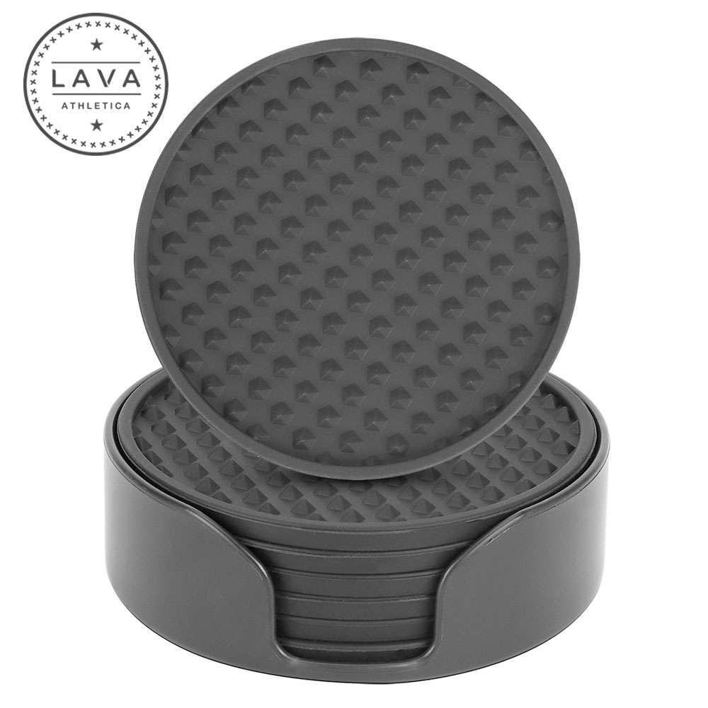 Set of 6 Silicone Drinks Coasters Non-Slip Cup Mat Pad With Holder Round Rubber