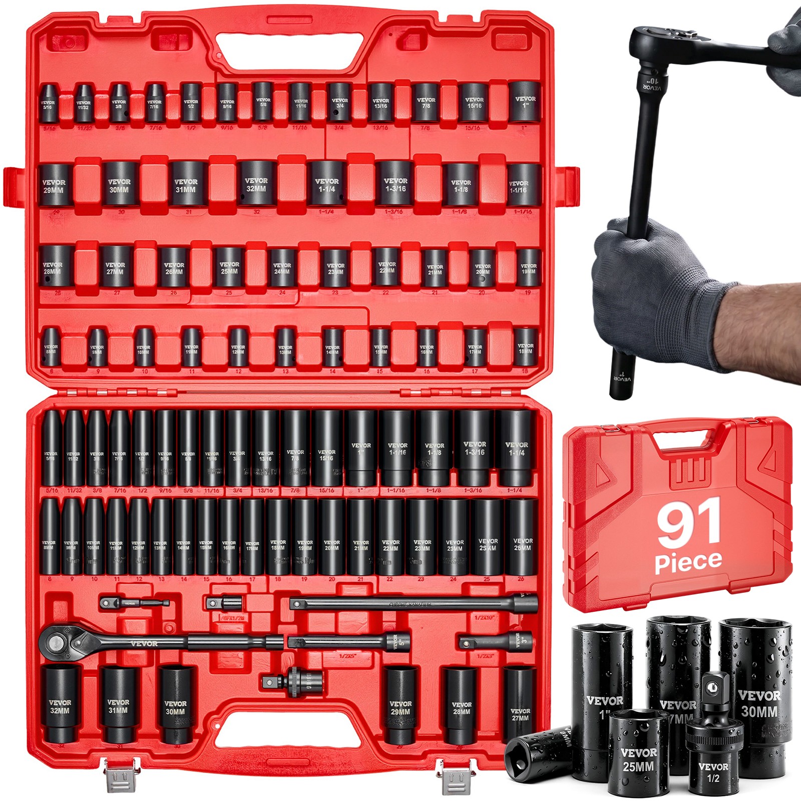 VEVOR 1/2 in Drive Impact Socket Set 91 Pcs SAE 5/16 to 1-1/4 in Metric 8-32 mm VEVOR 1/2 in Drive Impact Socket Set 91 Pcs SAE 5/16 to 1-1/4 in Metric 8-32 mm