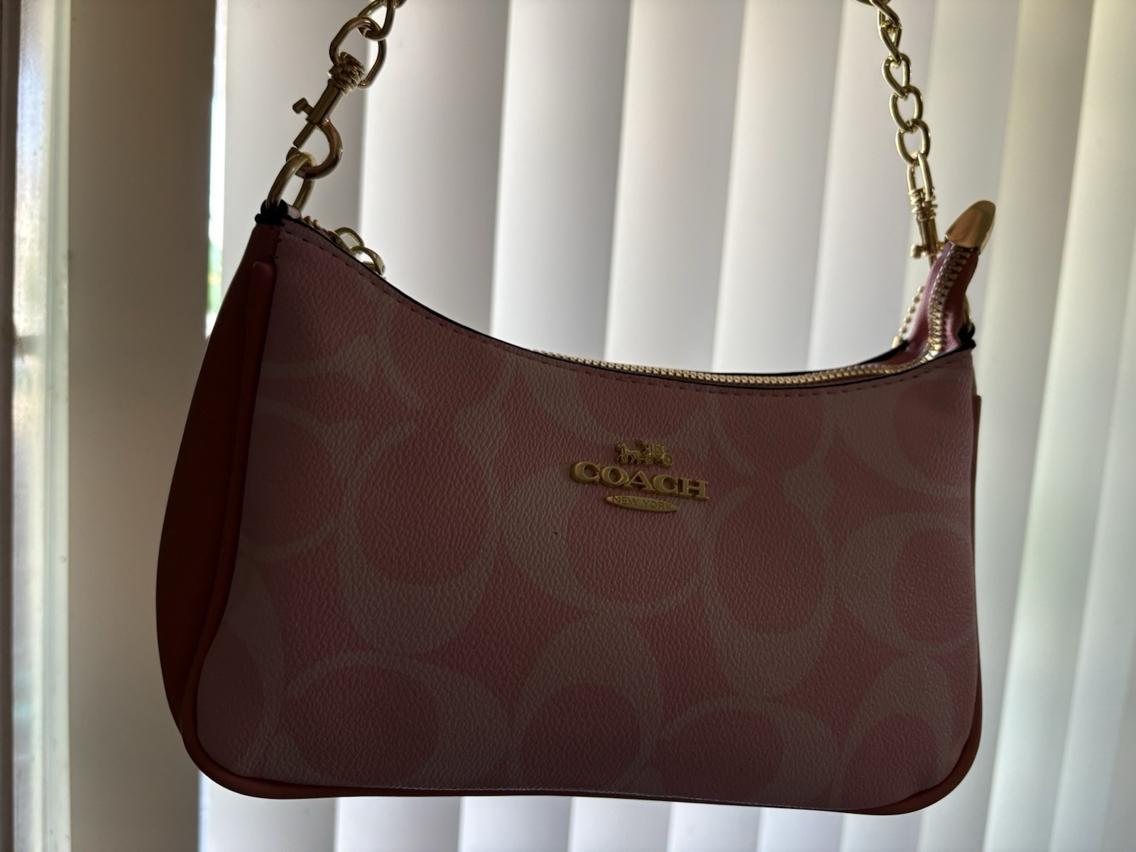 Coach Pink Logo Crescent Small Shoulder Bag Zip Closure Chain Strap Gold