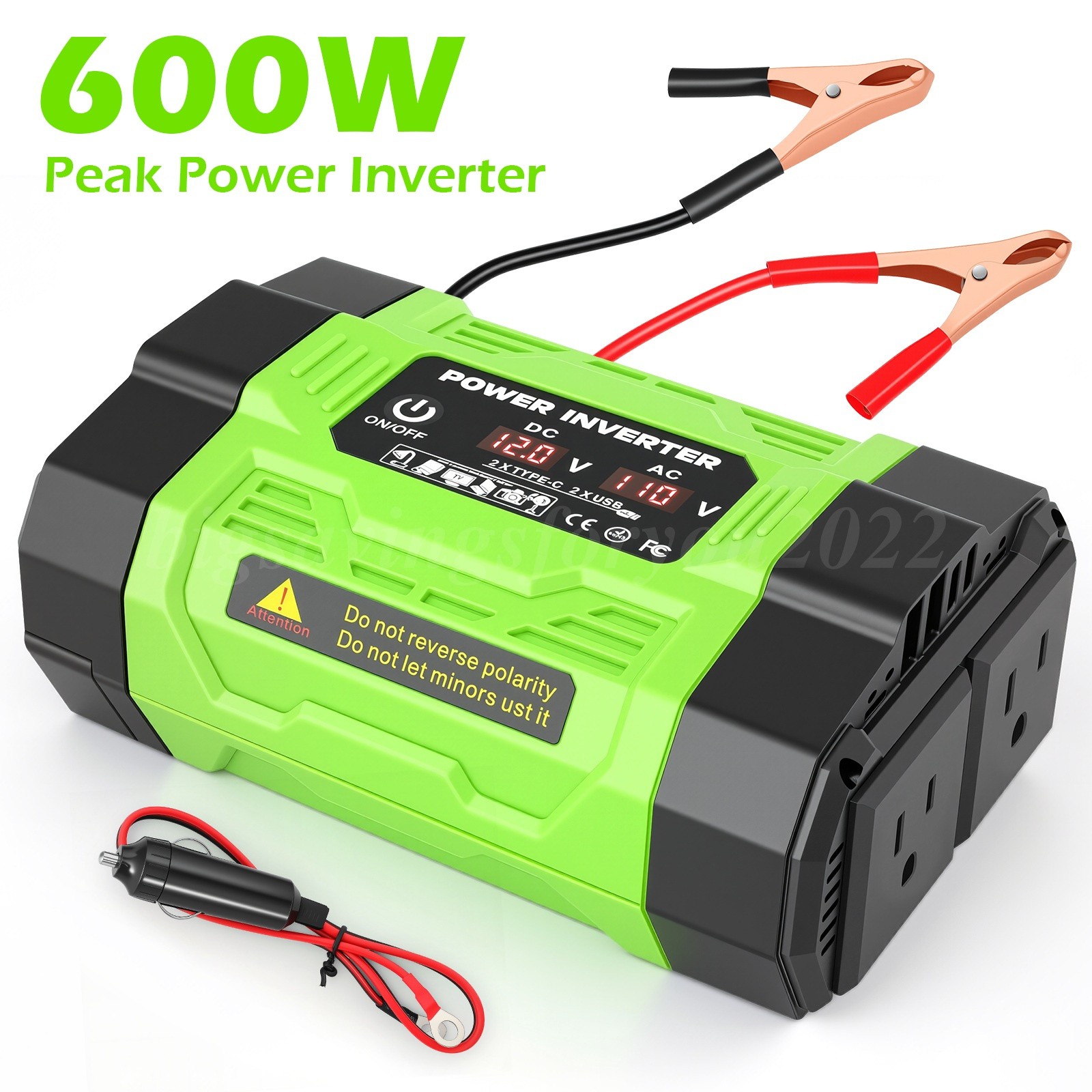 600W Car Power Inverter DC 12V to 110V Converter with 2 USB + 2 AC + 2 Type-C