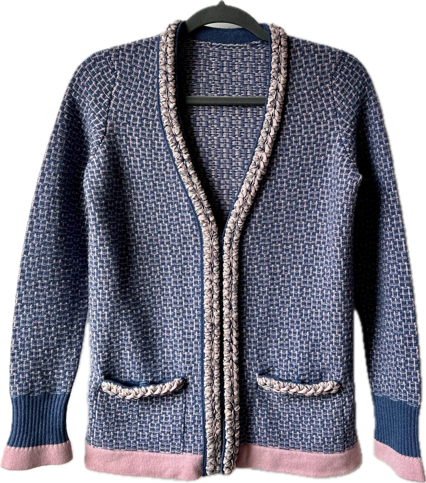 CHANEL Cashmere Cardigan Blue Pink Braided Chain Trim Pockets Knit Jacket Fits M