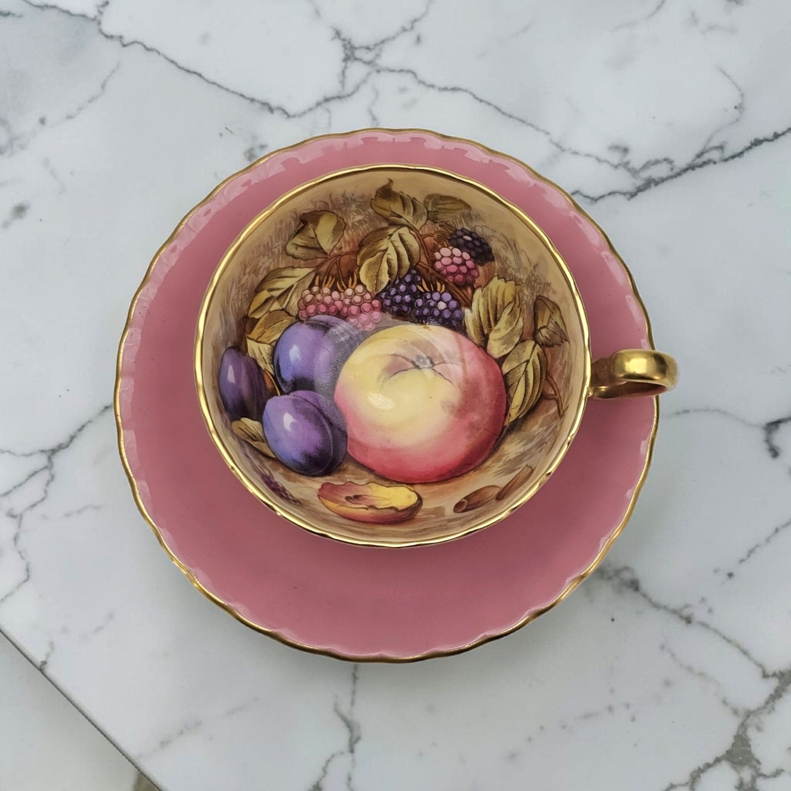 Vintage Aynsley Orchard Fruit Footed Teacup Saucer D Jones Pink Gold 5.5\
