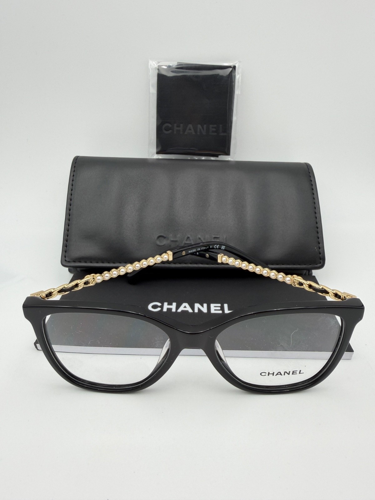 Chanel Eyeglasses  3441 Q A 622 Black Gold pearls 54 17 140 leather New