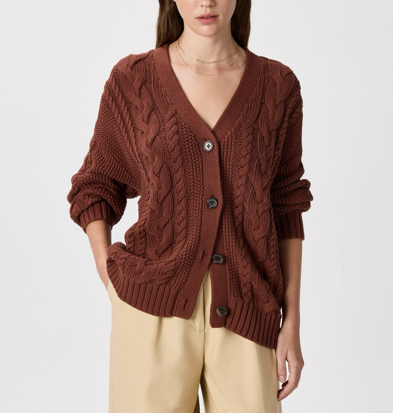 Quince 100% Organic Cotton Cable Knit Cardigan Sweater Small Brown Oversized