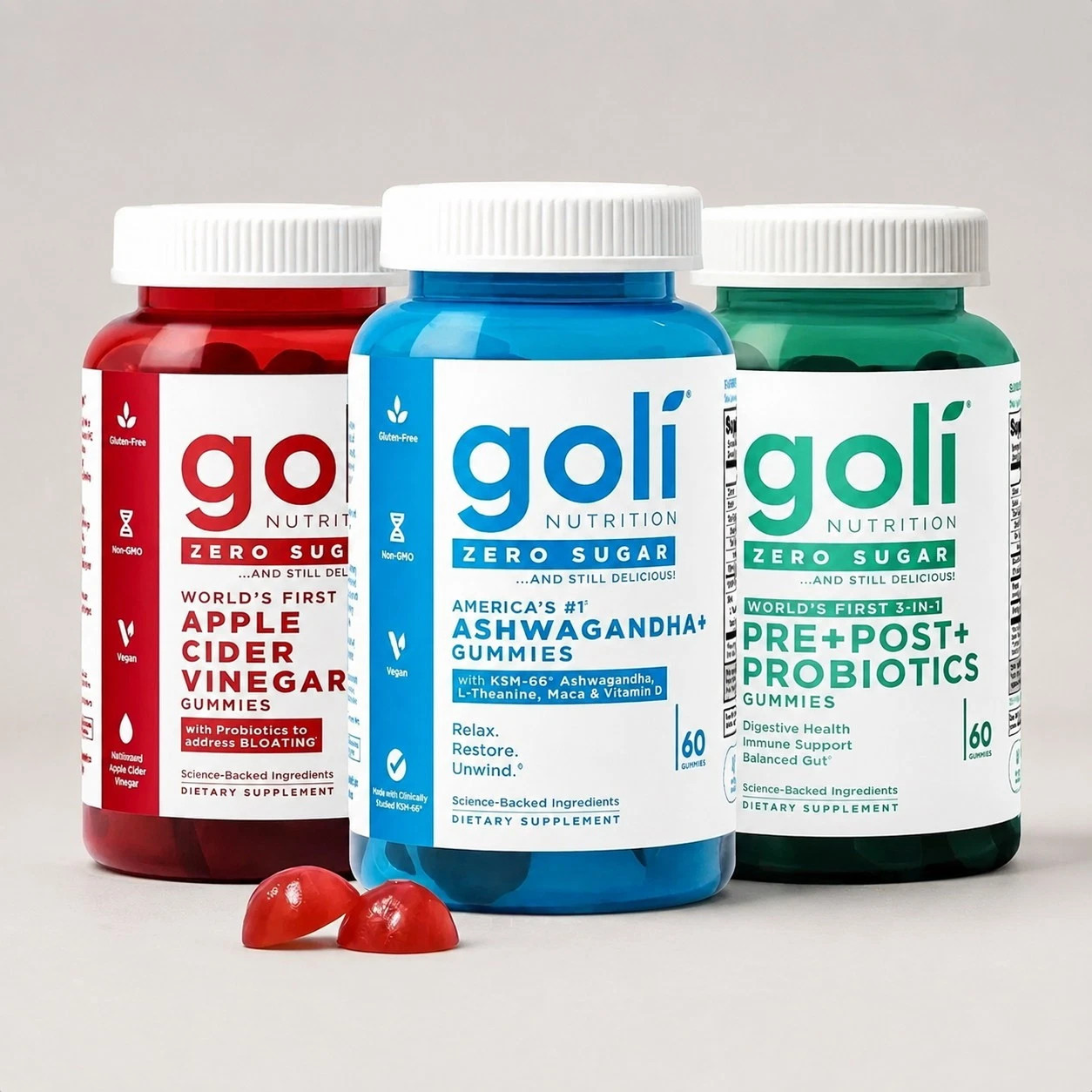 3 Bottles Goli Zero Sugar Best Seller Trio Set Gummies, 60 Counts Per Bottle