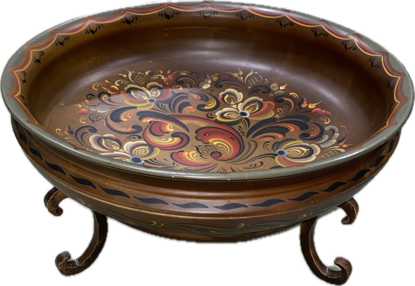 NORWEGIAN ROSEMALING 17” WOOD BOWL With Stand VINTAGE FOLK Statement Piece NORWEGIAN ROSEMALING 17” WOOD BOWL With Stand VINTAGE FOLK Statement Piece