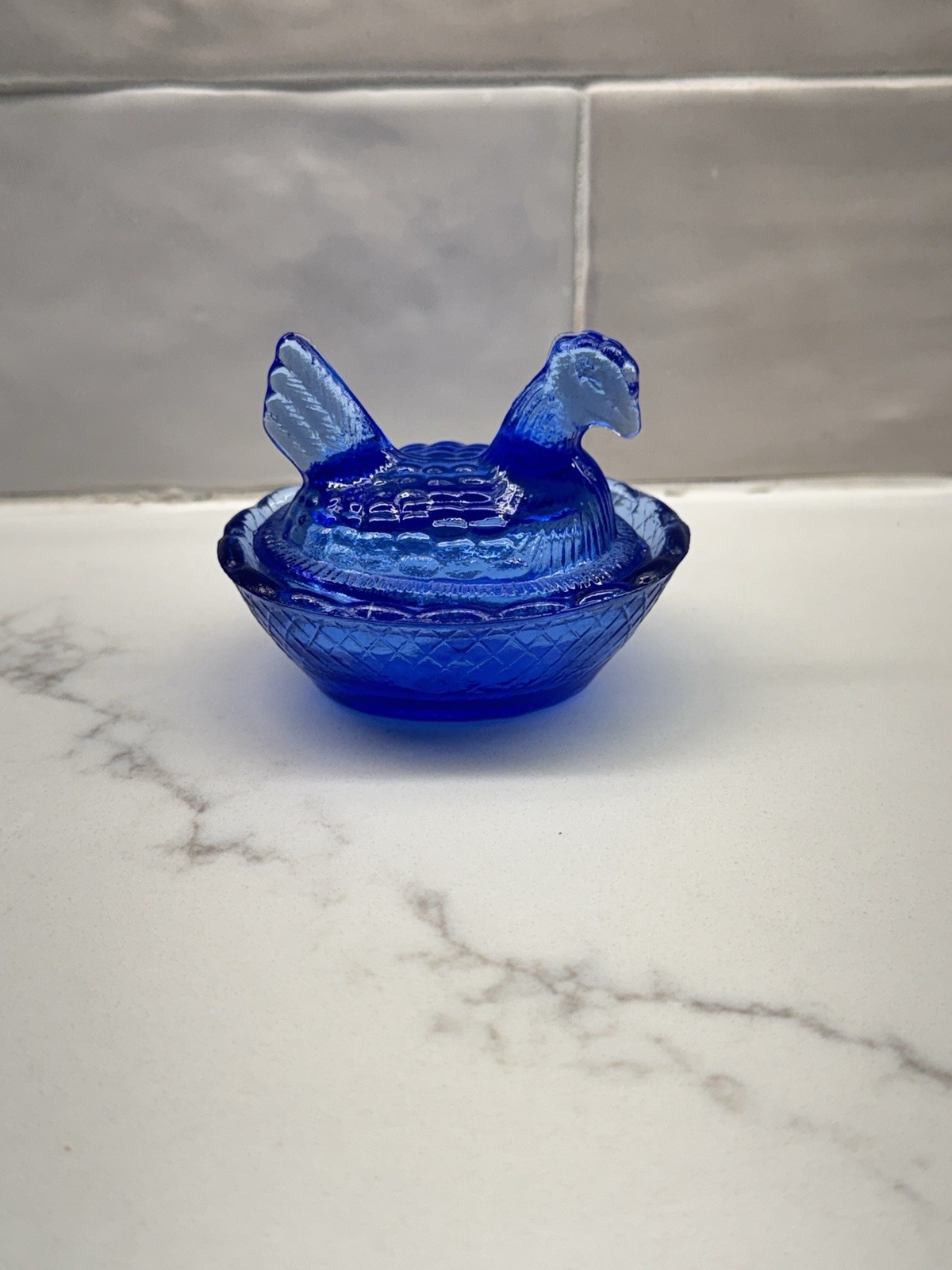 Vintage Cobalt Blue Glass Hen on Nest Mini Trinket Dish
