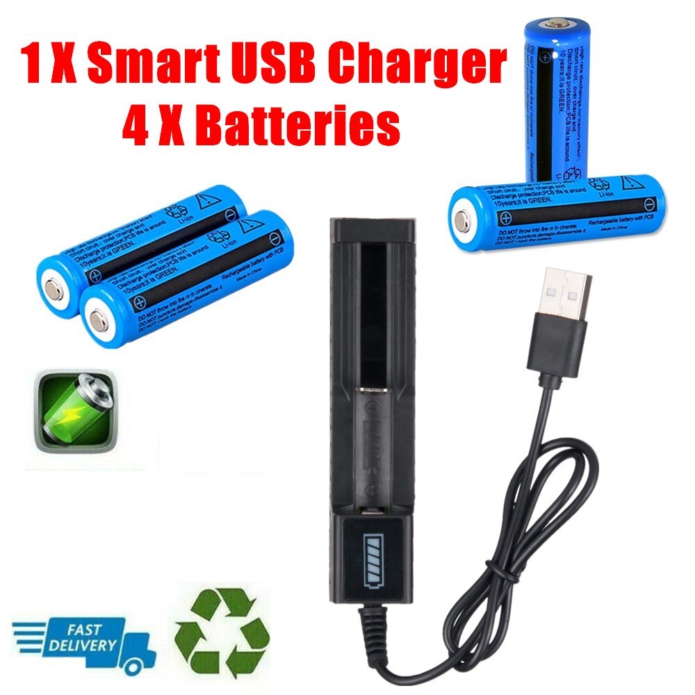 4Pcs 3000mAh 18650 Rechargeable Batteries + 1Pc USB Charger Set For Flashlights