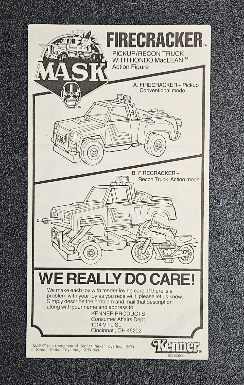 1986 Kenner M.A.S.K. Firecracker Instruction Hondo MacLean MASK Vintage Original