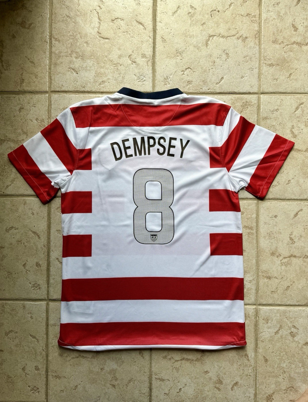 XL Red White Striped US Soccer Jersey  “Waldo” Edition  –  #8 Dempsey