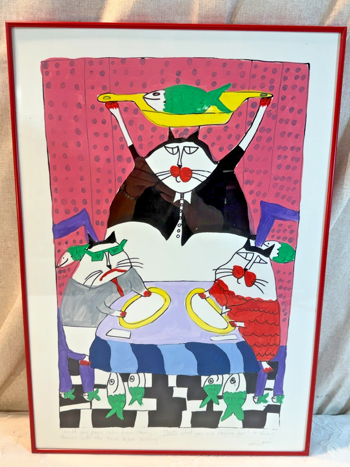 Vintage MARTHA WAHLERT Hand Painted Over Silk Screen CAT ART Framed CAPTIONED