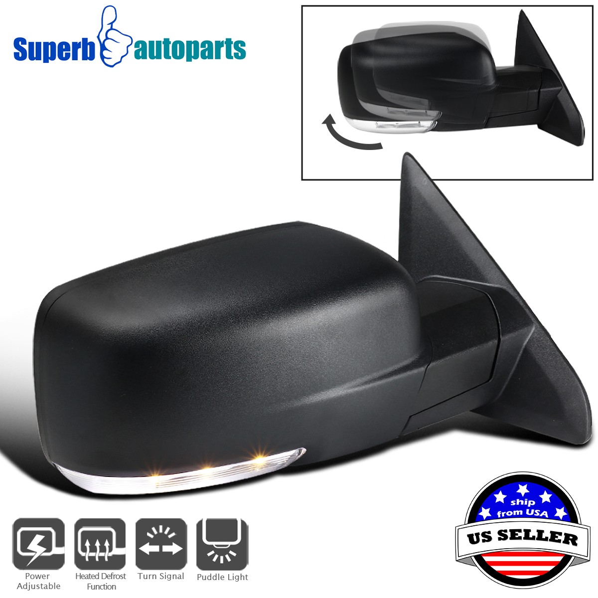 Fits 2009-2012 Ram 1500 Right Side Mirror w/ Power Heated & LED Signal Puddle Fits 2009-2012 Ram 1500 Right Side Mirror w/ Power Heated & LED Signal Puddle