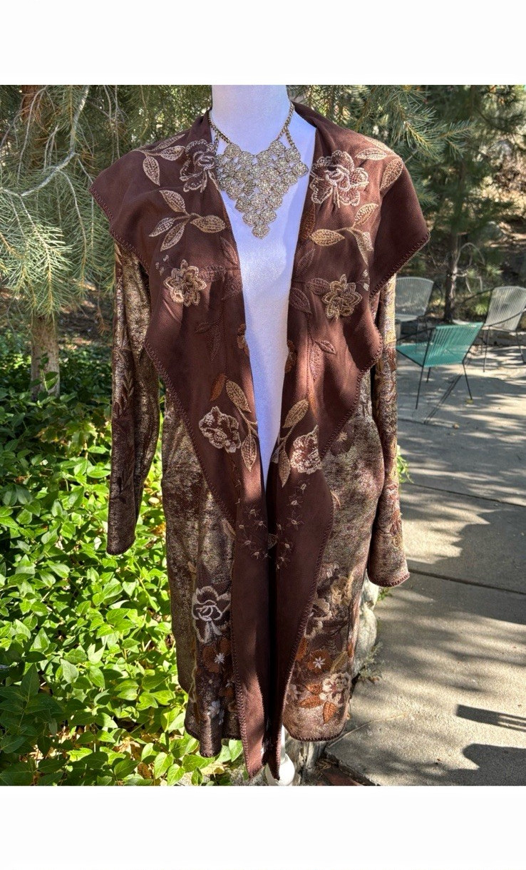 Johnny Was metallic Kimono Jacket Brown Floral Embroidered Long Sleeve