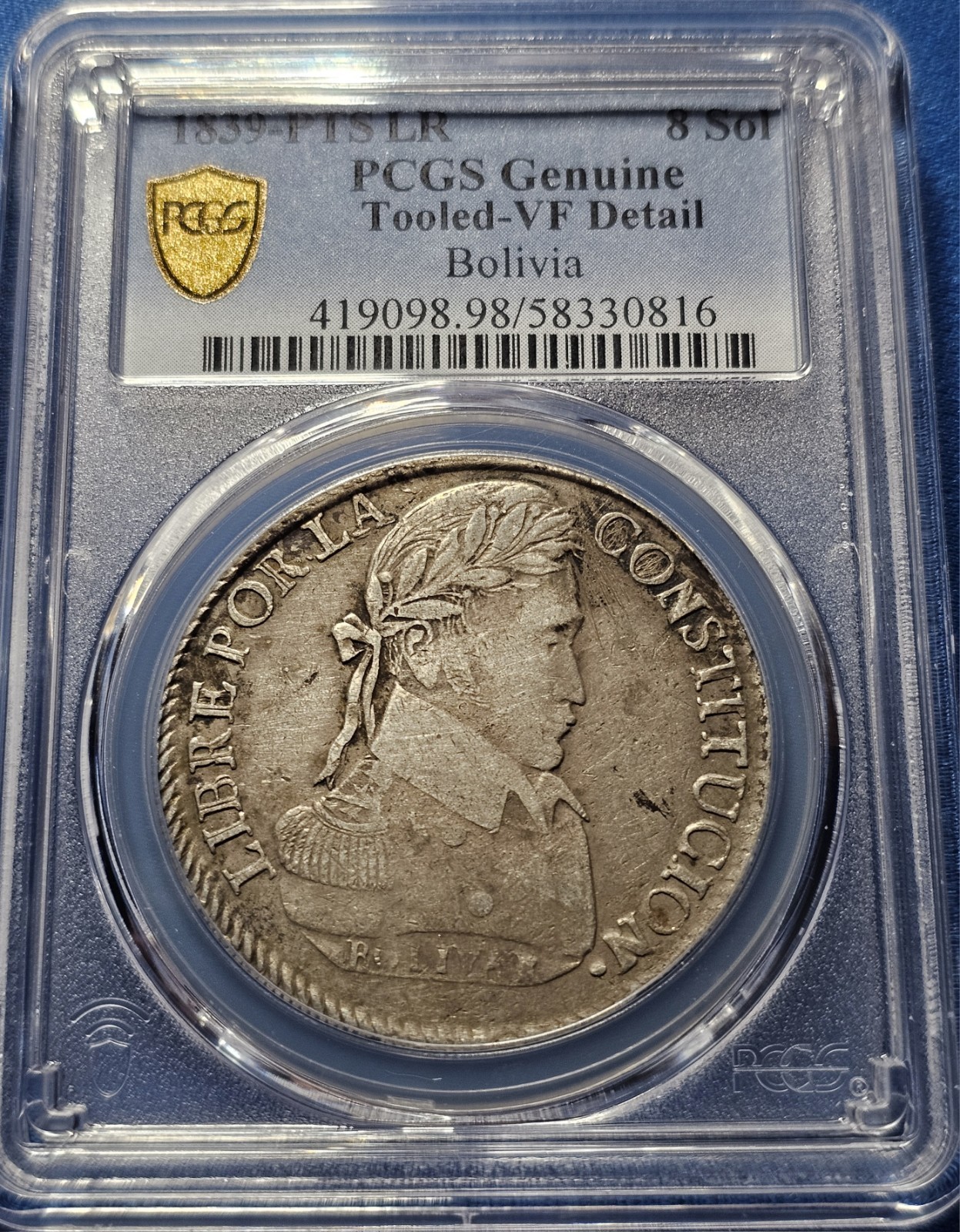 1839 PTS LR Bolivia 8 Soles PCGS VF Detail Graded Silver Coin