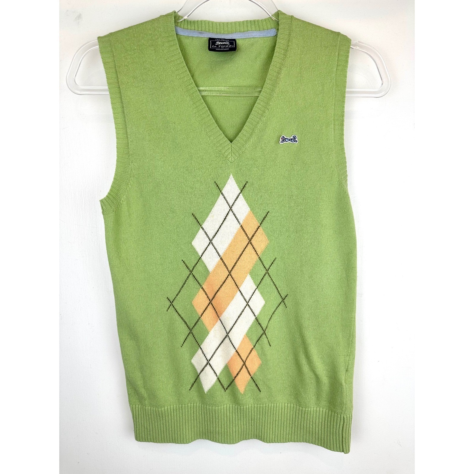 Vintage 90s Le Tigre Argyle Sweater Vest Cotton Wool Blend Green Peach Small