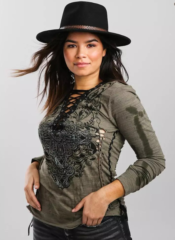 New Women's Affliction Long Sleeve  Vintage Lace Charlotte Oak Green T-Shirt Top