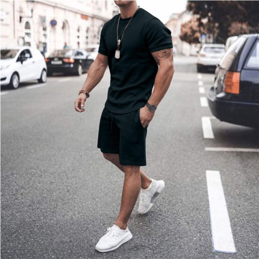 Men\'s Solid Color Short-sleeved Shorts Two-piece Sports And Leisure Suit