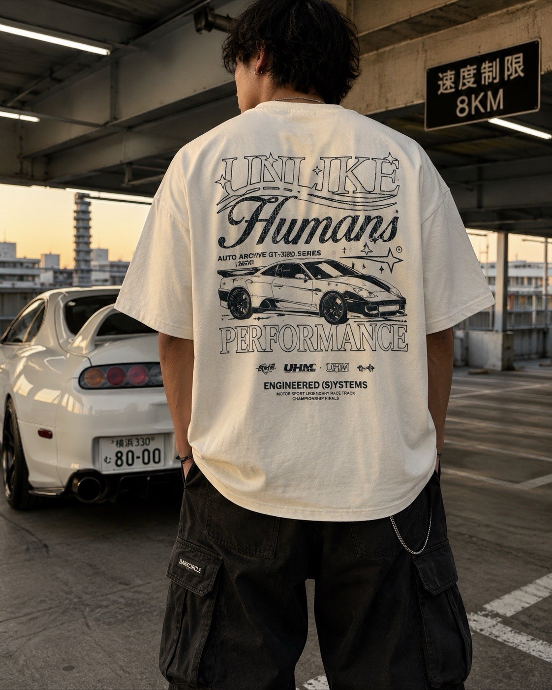 Unlike Humans Performance Graphic T Shirt Cream Large Oversized Y2K JDM Car Tee