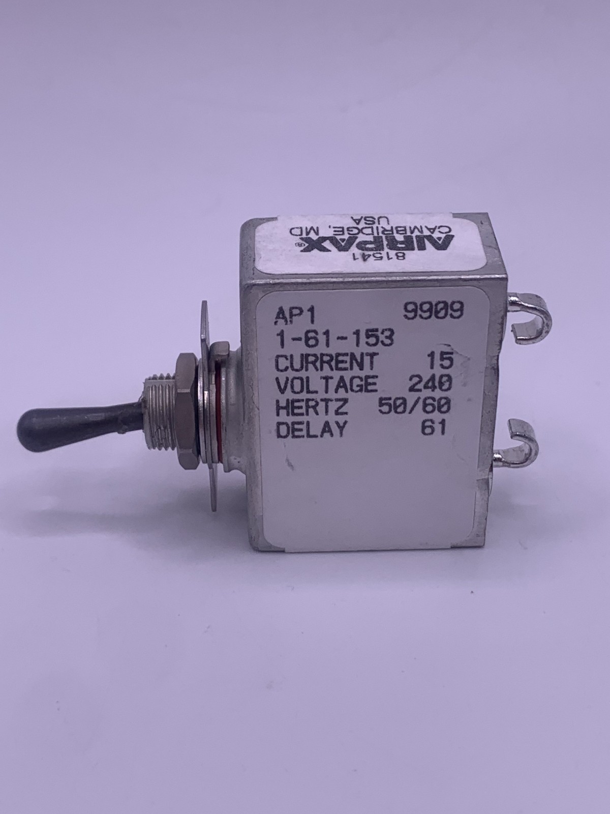 Airpax AP1-1-61-153 Hydraulic Circuit Protector, 1-Pole 240V, 15A, Hook Terminal