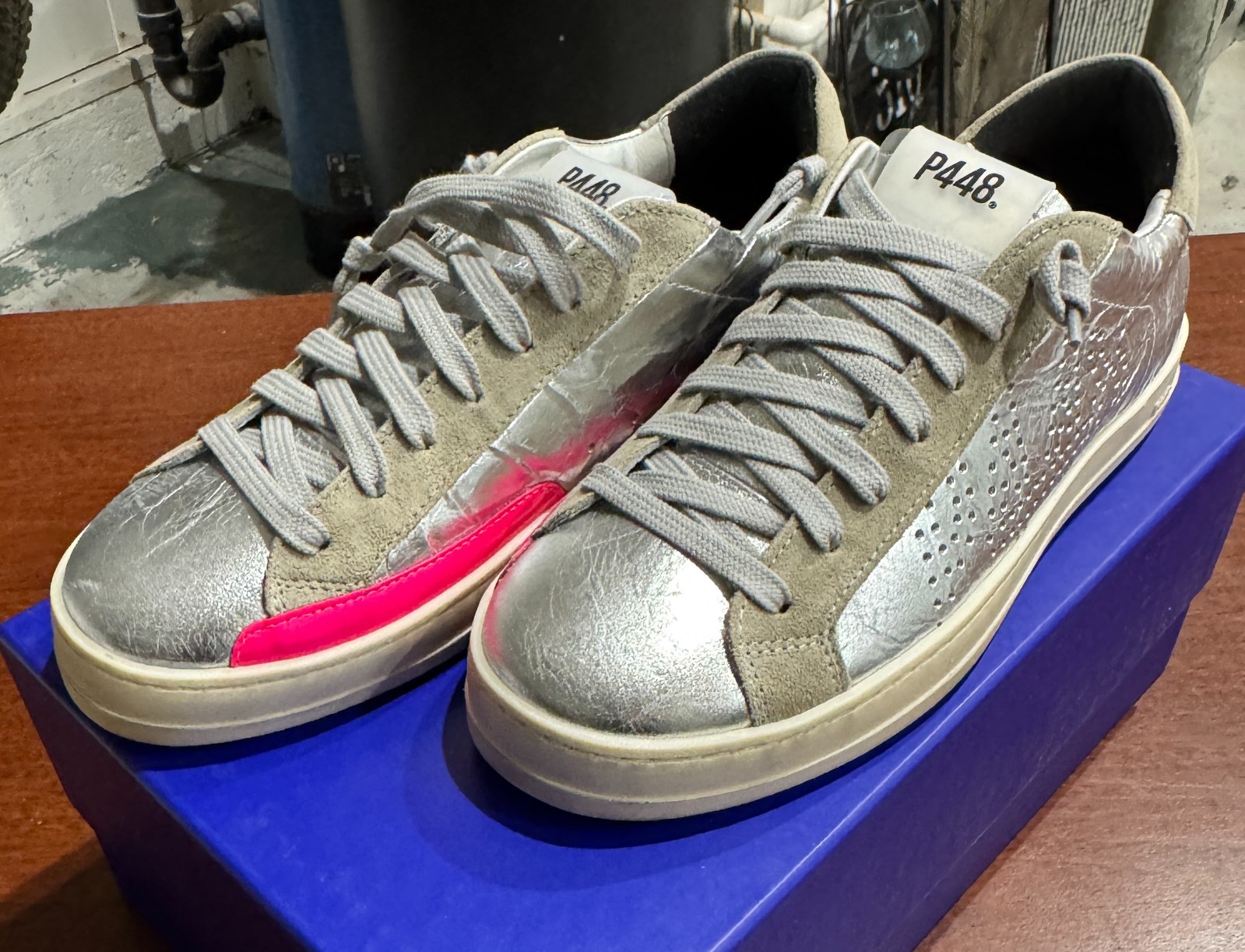 New P448 John Sneaker Embossed Silver Metallic Pink Stripe Size 5/US-35/EU