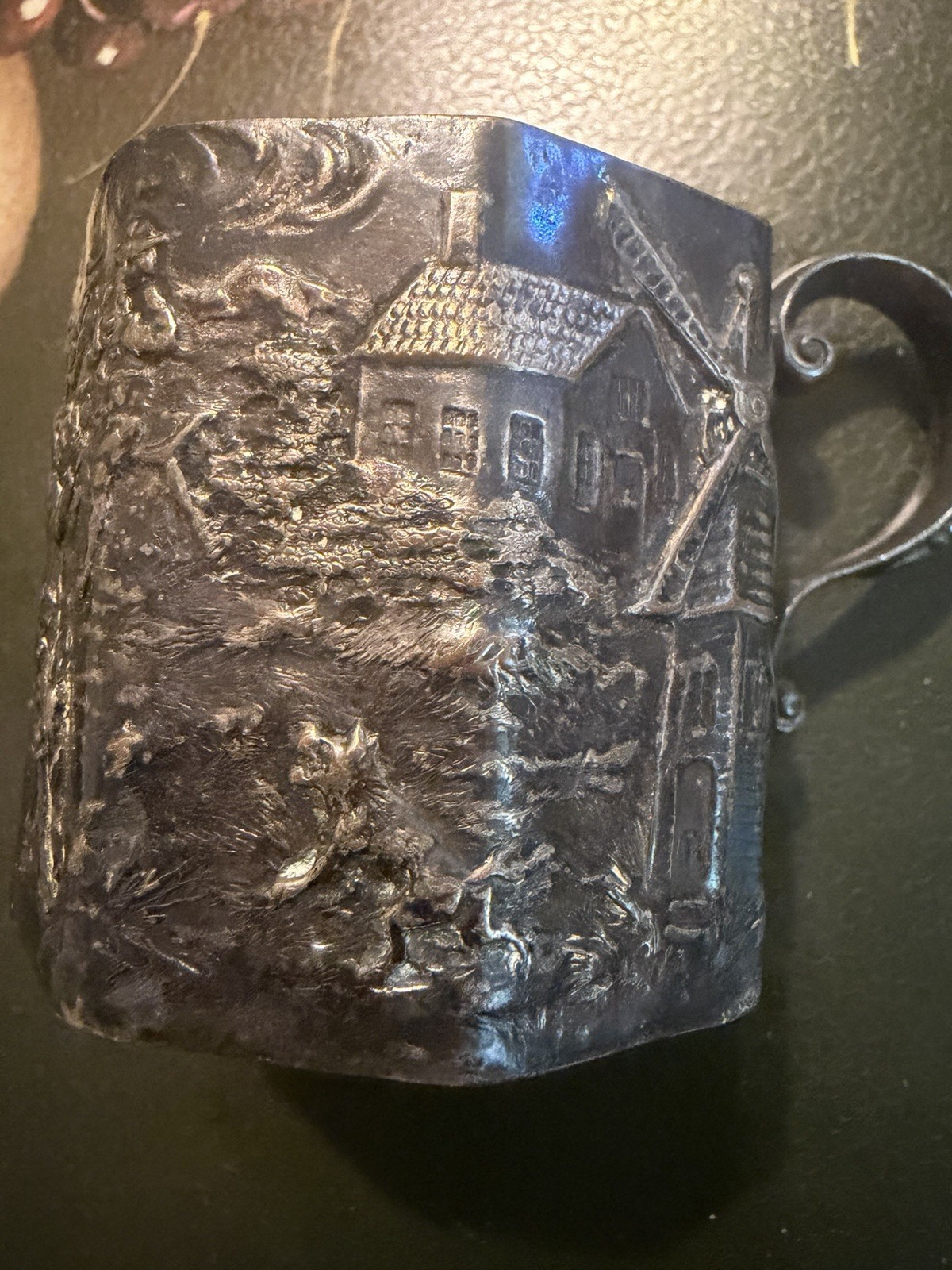 Antique Scenic Repousse Embossed Metal Cup/Goblet with Twisted Handle Antique Scenic Repousse Embossed Metal Cup/Goblet with Twisted Handle