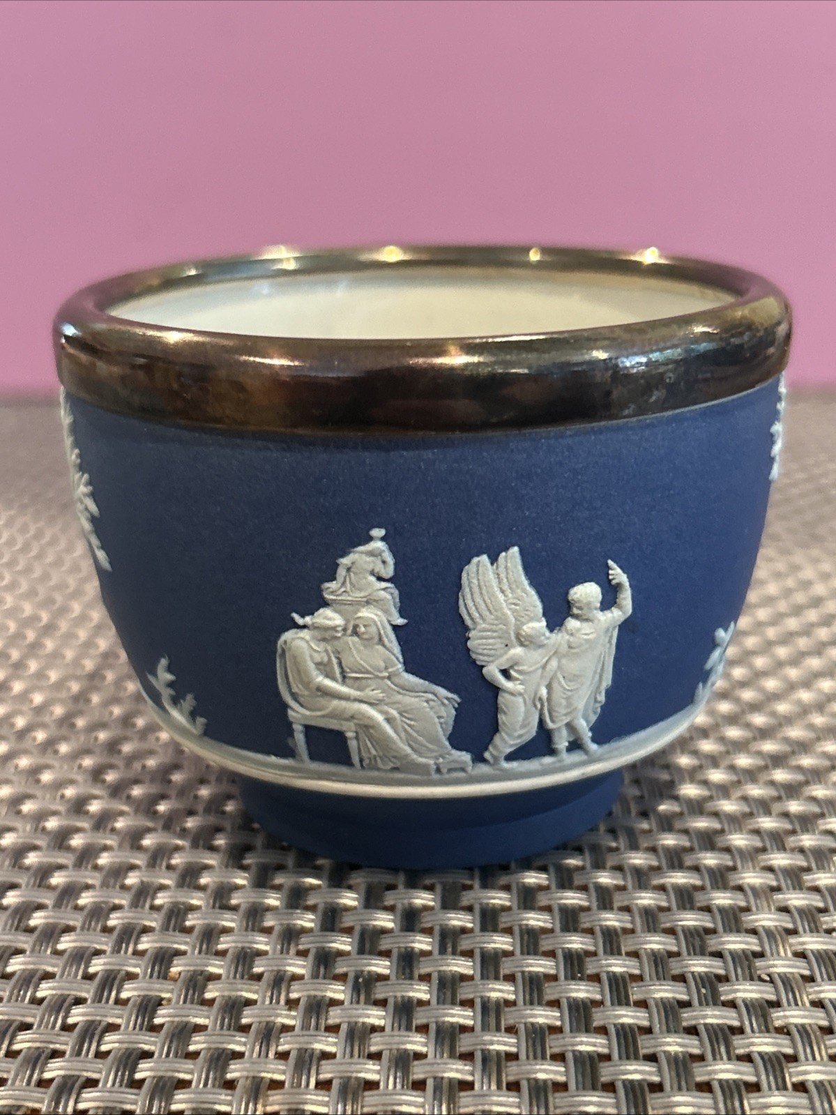 Antique Pre 1891 Wedgwood Cobalt Jasperware Small Bowl With Metal Rim