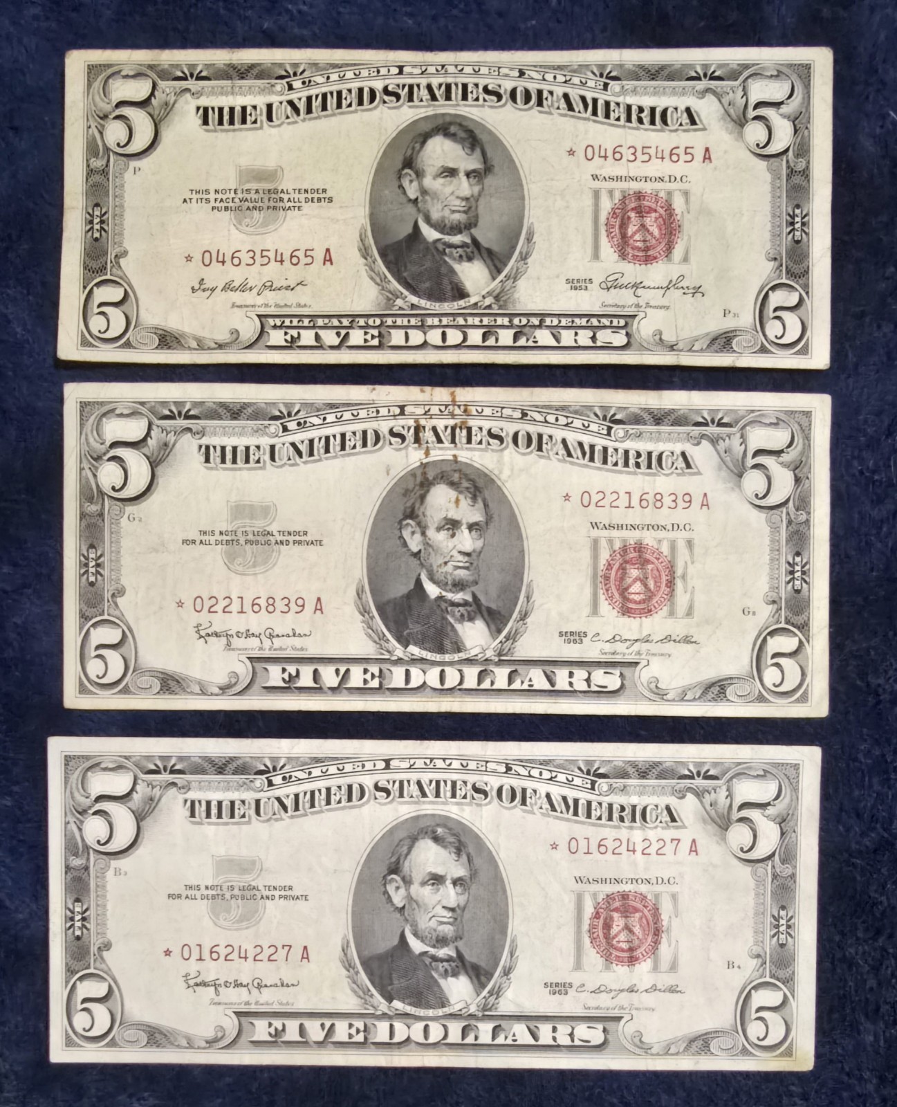 Lot of (3) Vintage $5 Red Seal Star Notes - Series 1953 & 1963 - Rare... Lot of (3) Vintage $5 Red Seal Star Notes - Series 1953 & 1963 - Rare...