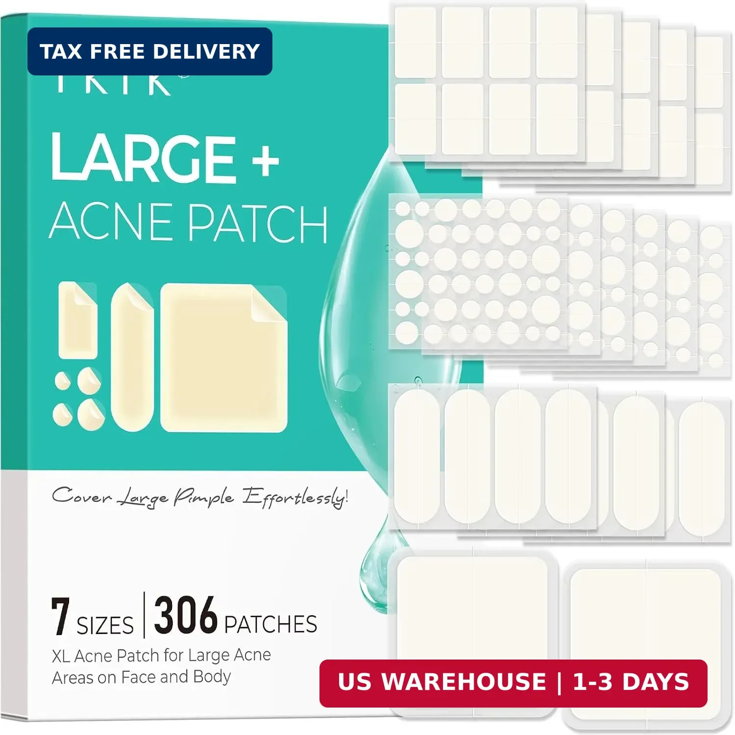 TKTK Large Pimple Patches for Face & Body, XL Acne Stickers, 7 Sizes 306ct TKTK Large Pimple Patches for Face & Body, XL Acne Stickers, 7 Sizes 306ct