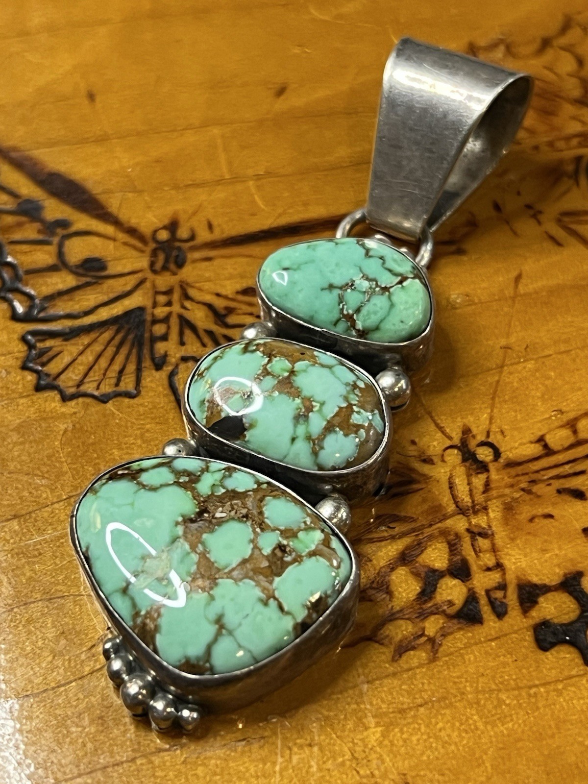Signed E.G. Bighand Navajo Sterling 3-Stone Turquoise Pendant 17g