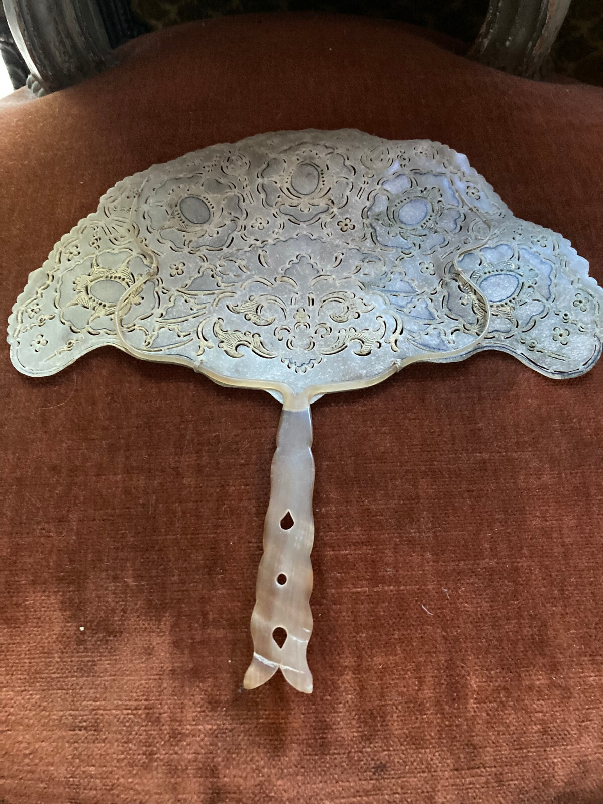 Vintage Indonesian Hand Fan – Javanese Ceremonial Hide & Horn – Painted & Pierce