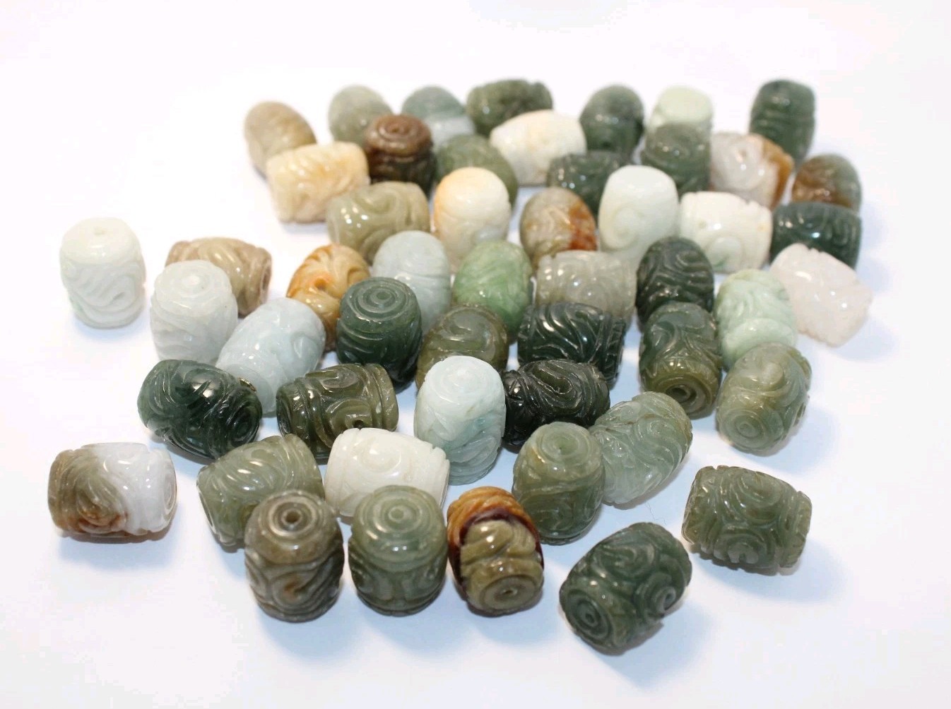 48 Vintage Antique Hand Carved Burma Jade Beads Estate Lot 